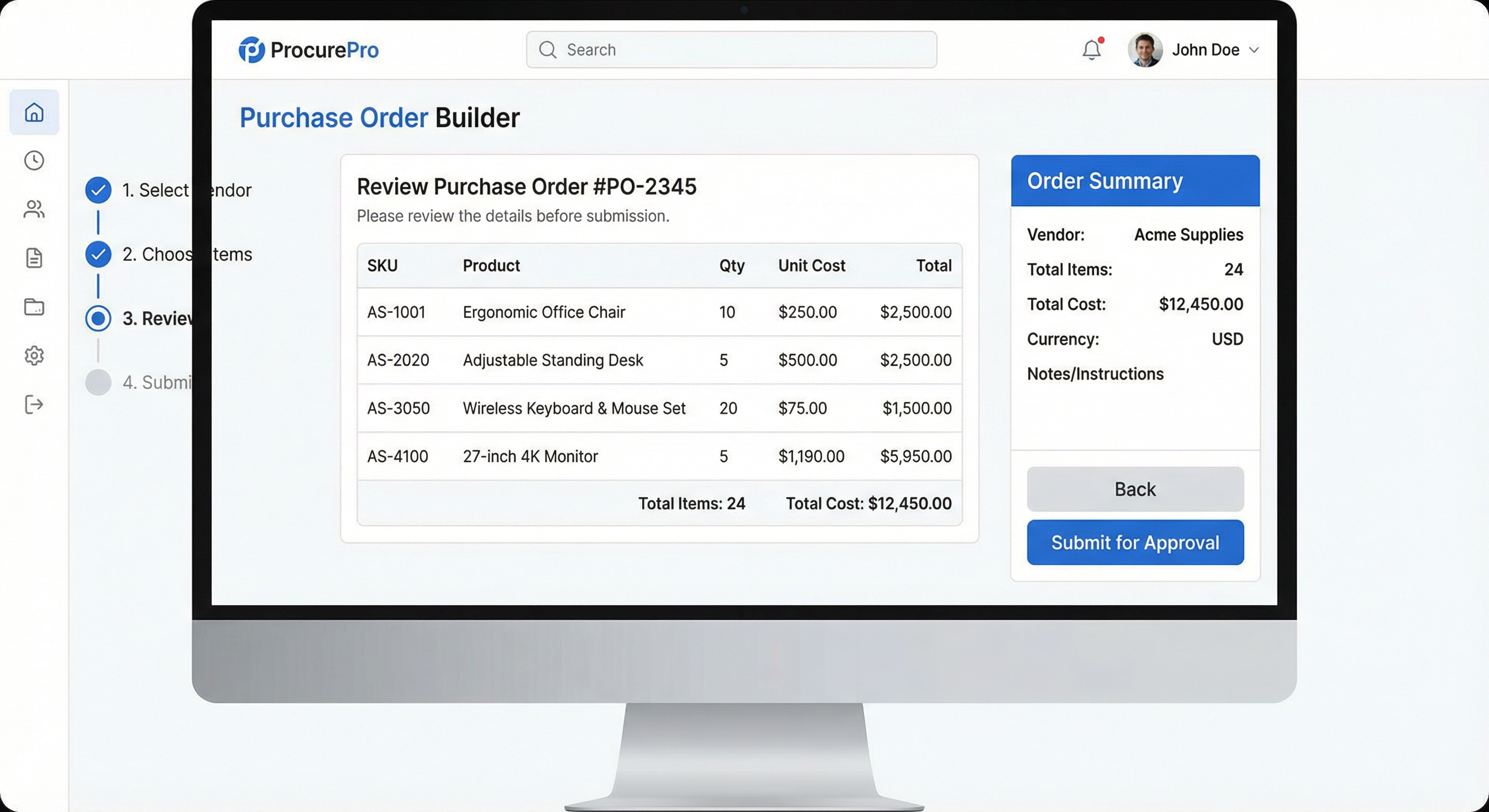 AI-powered purchase order builder with natural language policy configuration and approval workflows
