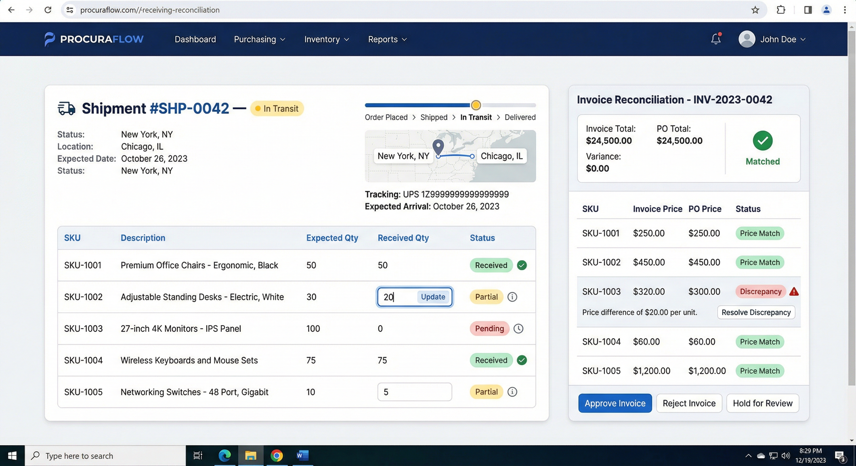 Shipment receiving interface with barcode scanning, invoice reconciliation, and landed cost tracking